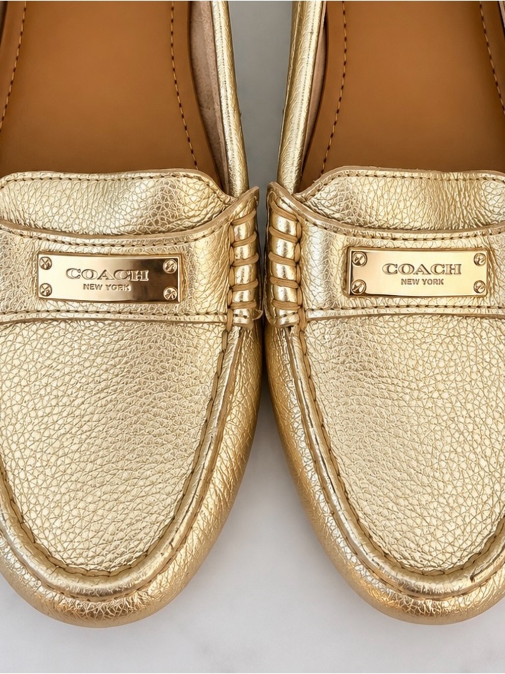 Coach Marley Driver Loafers Women 6.5 Metallic Gold Leather Moccasin Flats